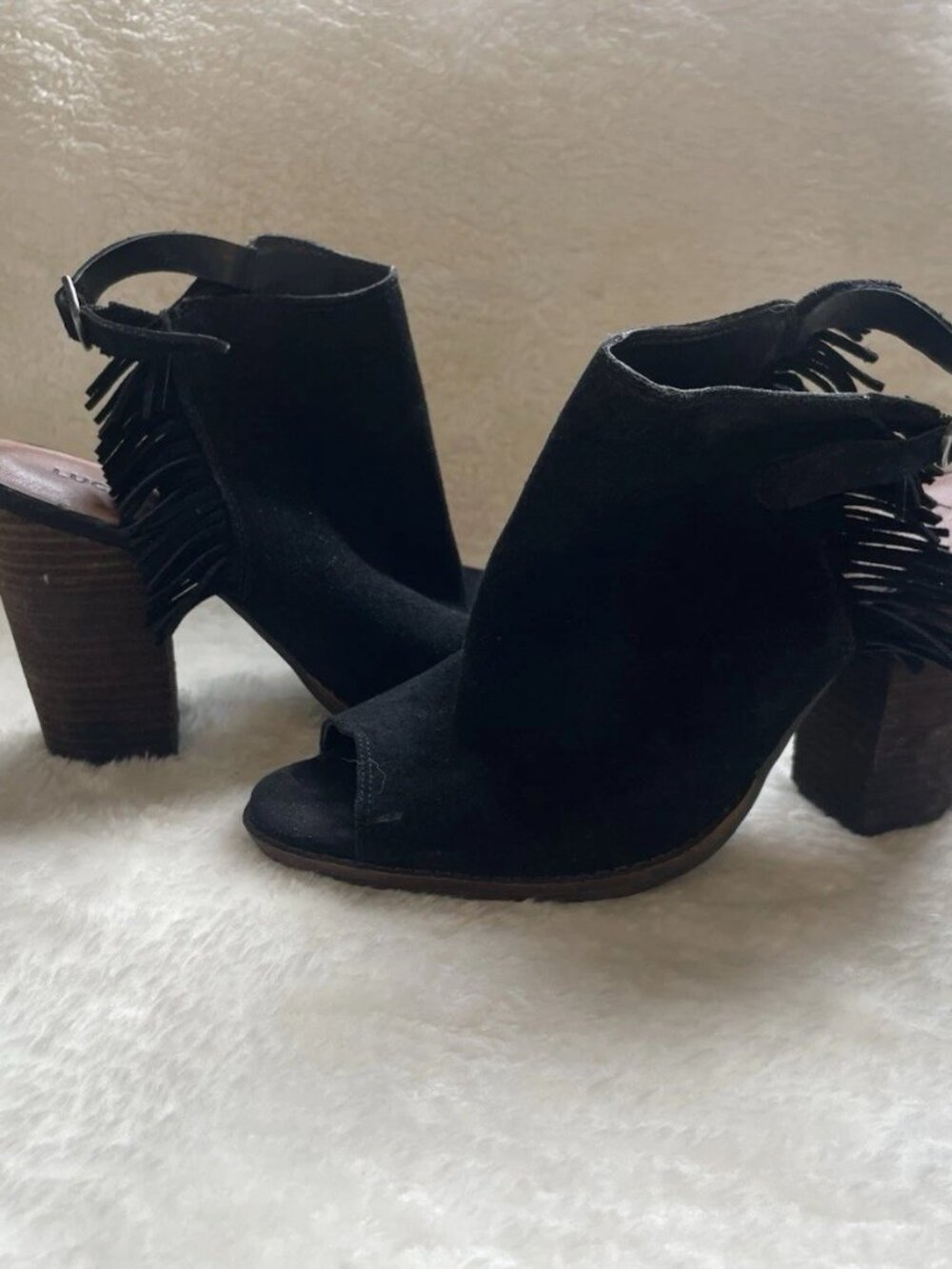 Lucky Brand Black Suede Fringe Open Toe Booties - Block Heel - Womens US 8